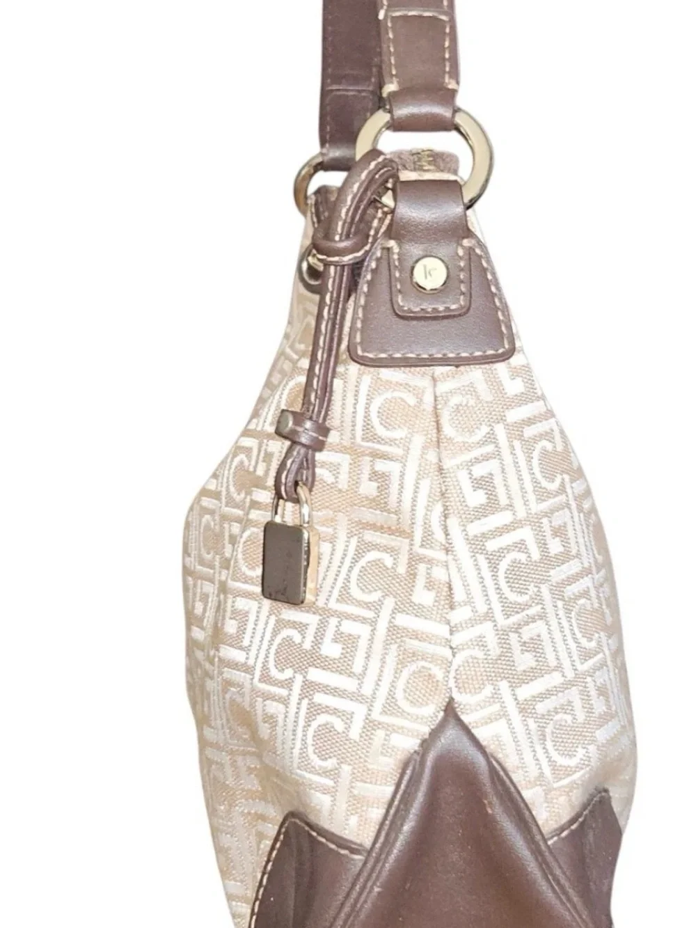Liz Claiborne Beige Monogram Shoulder Bag with Brown Trim